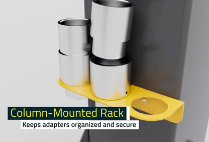 BendPak 10AP two-post lift column-mounted adapter rack holding stacked silver metal sleeves on yellow bracket attached to gray column for organized storage.