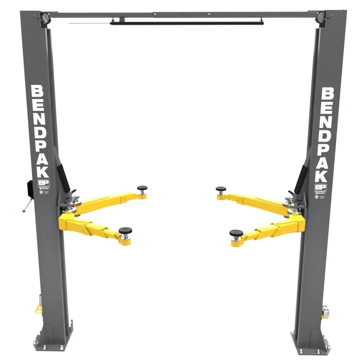 BendPak 10AP two-post car lift shown from front view on white background, displaying twin gray columns, yellow swing arms, and overhead crossbeam for vehicle lifting.