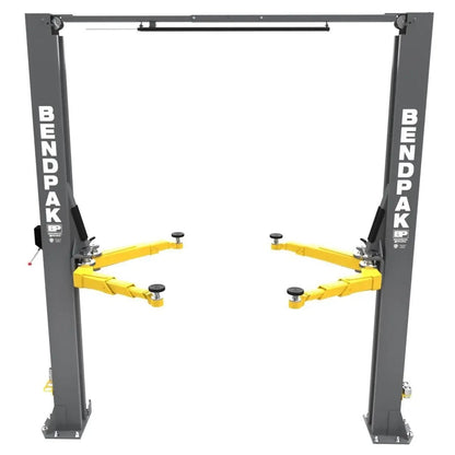 BendPak 10AP two-post car lift shown from front view on white background, displaying twin gray columns, yellow swing arms, and overhead crossbeam for vehicle lifting.