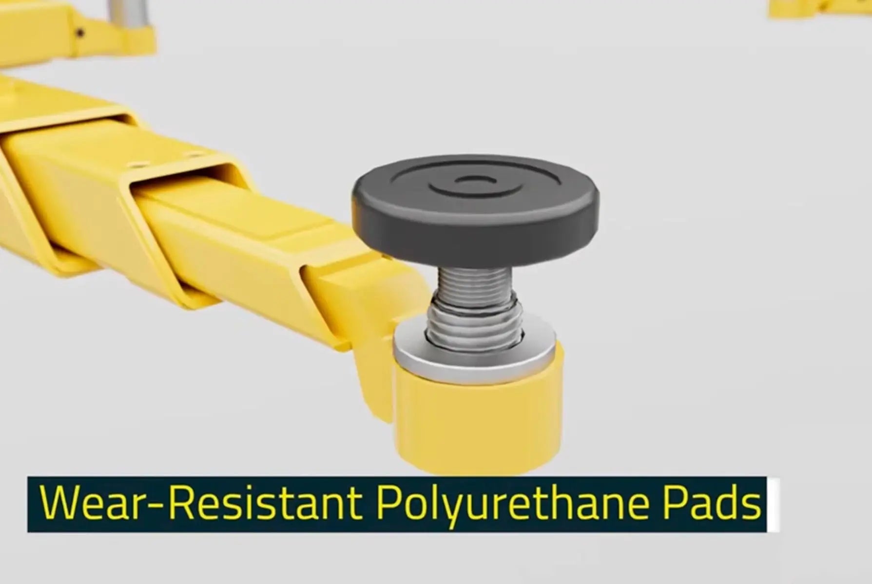 BendPak 10AP two-post lift detail of yellow swing arm with black wear-resistant polyurethane contact pad and screw adjustment assembly on gray background.