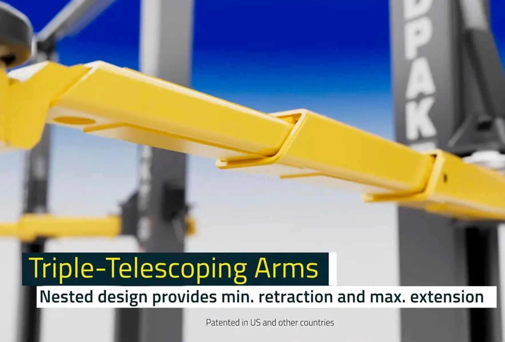 BendPak 10AP two-post lift showing closeup of triple-telescoping yellow arms with text describing minimum retraction and maximum extension on blurred blue background.
