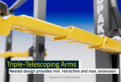 BendPak 10AP two-post lift showing closeup of triple-telescoping yellow arms with text describing minimum retraction and maximum extension on blurred blue background.