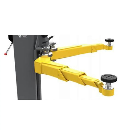 BendPak 10APX-181 two-post lift arm detail showing telescoping yellow lift arms with rubber contact pads and extension joints attached to column base.
