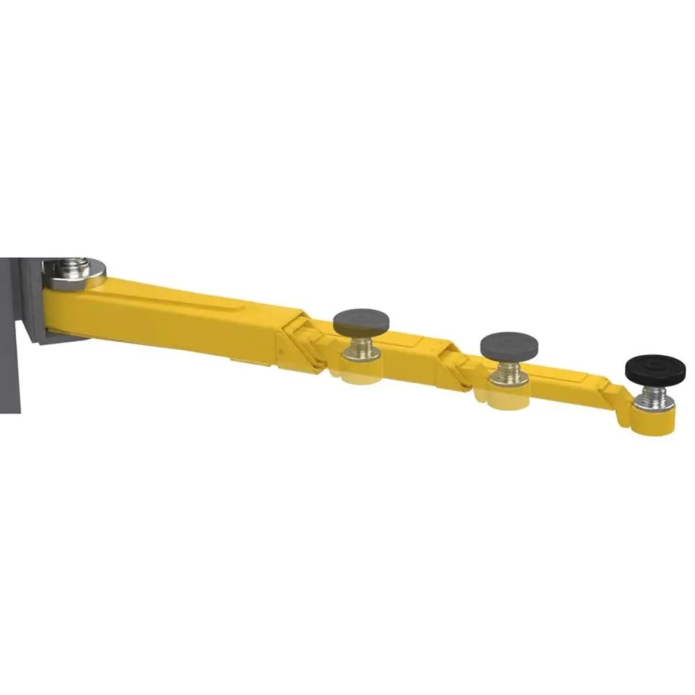 BendPak 10APX-181 two-post lift arm fully extended showing telescoping yellow segments with three rubber contact pads and pivot joint connection.