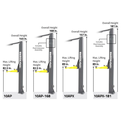 BendPak 10AP and 10APX series two-post lift height comparison diagram showing overall and max lifting heights for 10AP, 10AP-168, 10APX, and 10APX-181 models.