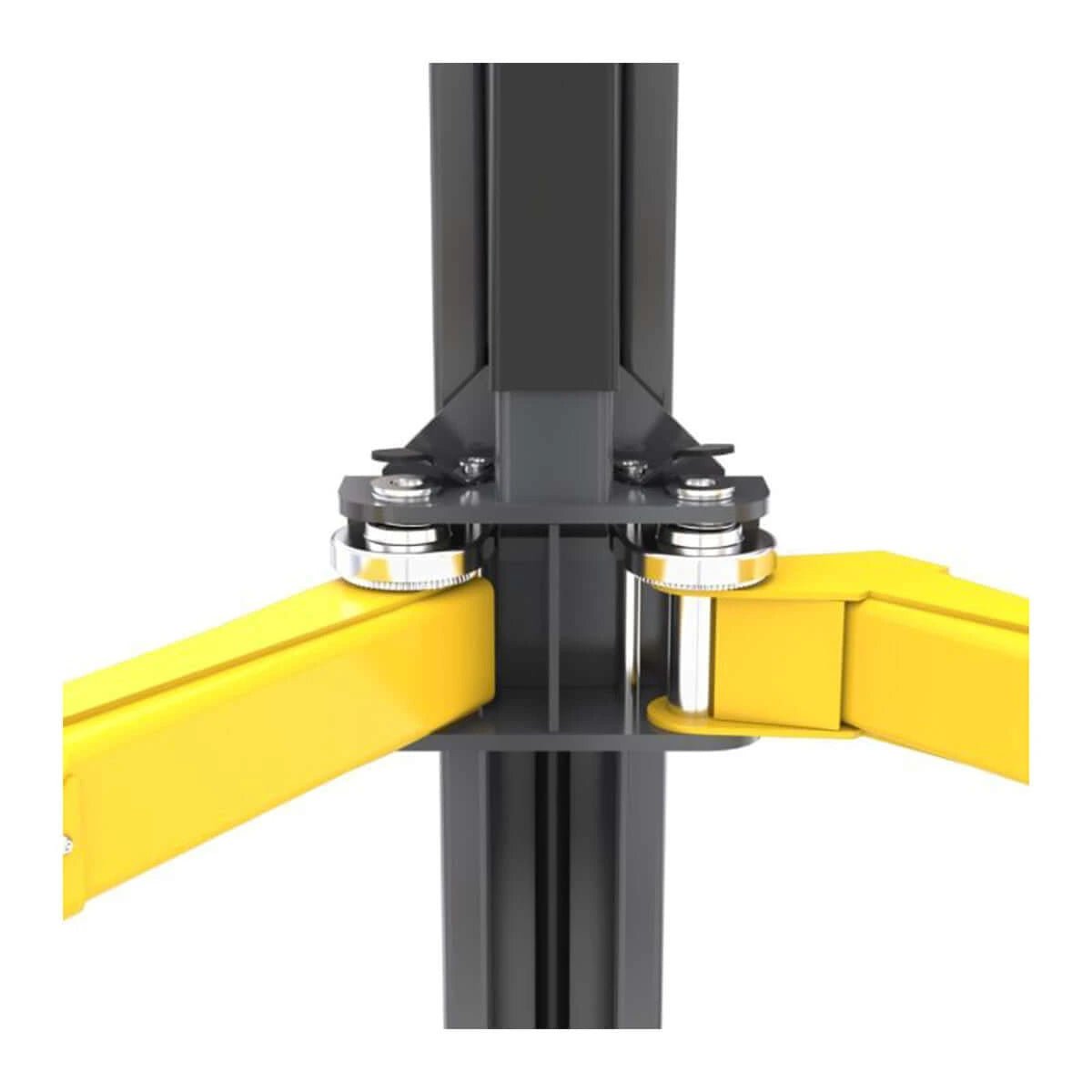 BendPak 12APX lift column with safety labels and arm connection detail.
