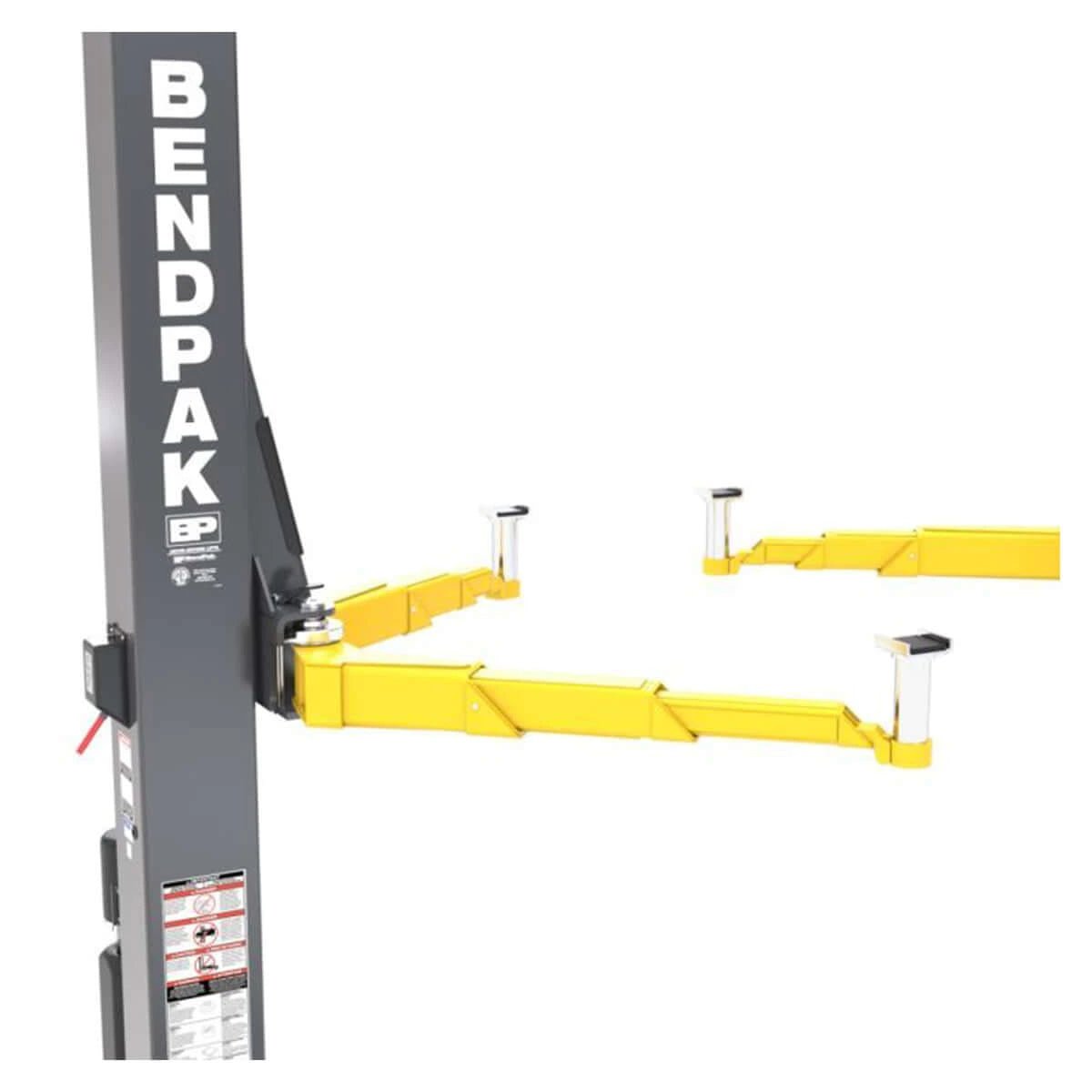 BendPak 12APX two-post lift with Low-Pro arms extended for vehicle lifting.