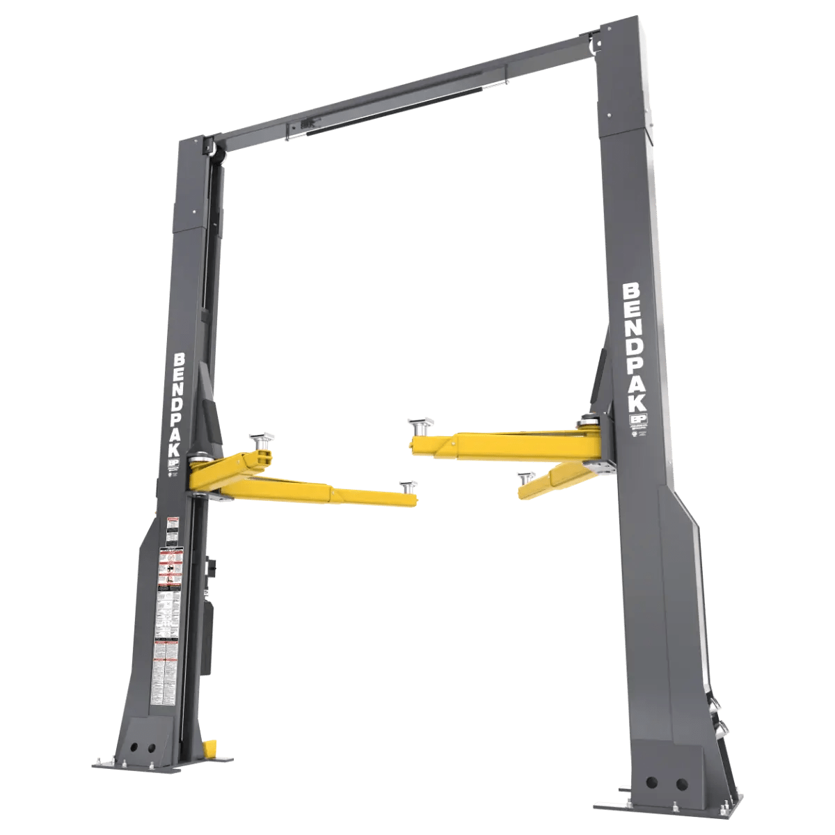 BendPak 16AP-192 two-post lift shown in angled front-left view highlighting extended-height frame, yellow lift arms, gray steel columns, and top crossbeam assembly.