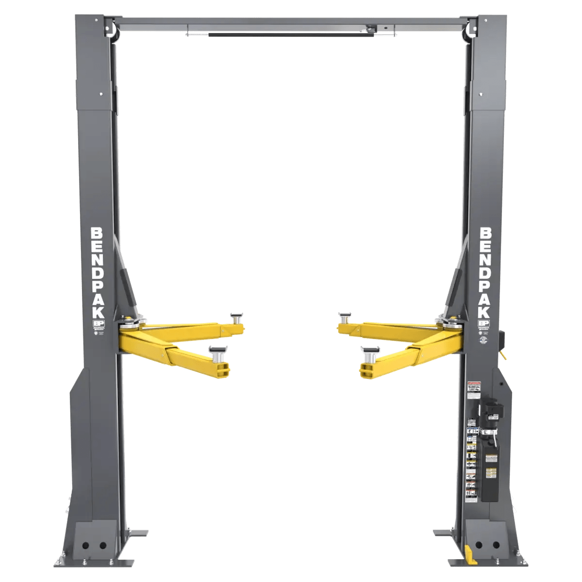 BendPak 16AP-192 two-post lift, front view highlighting extended-height clearfloor design with gray steel columns, yellow lifting arms, overhead beam, and control panel decal.