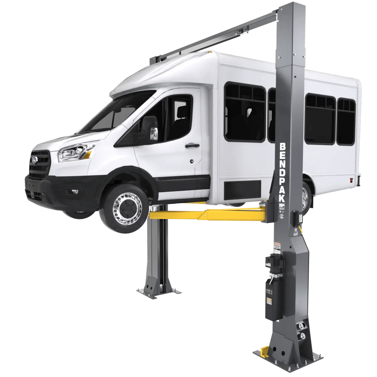 BendPak 16AP-192 two-post lift hoisting a white shuttle van, front-right angle showing raised position, yellow lift arms, gray columns, and overhead crossbar assembly.