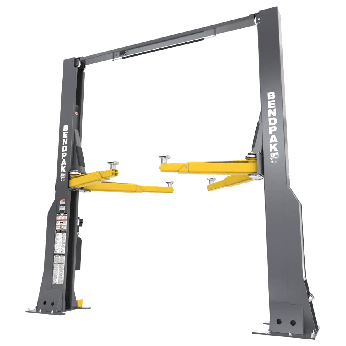BendPak 16AP two-post lift shown in angled front-left view highlighting the gray steel columns, yellow lift arms, overhead crossbar, and control panel decal on the column.