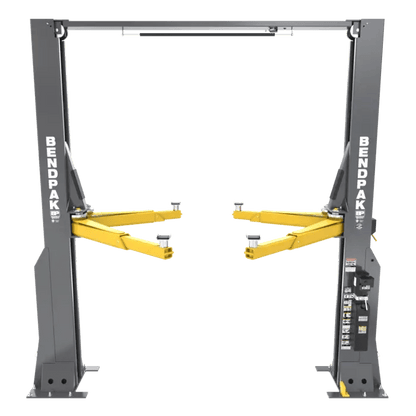 BendPak 16AP two-post lift, front view showing clearfloor design with gray columns, yellow drop-end arms, top beam, and right-side control panel