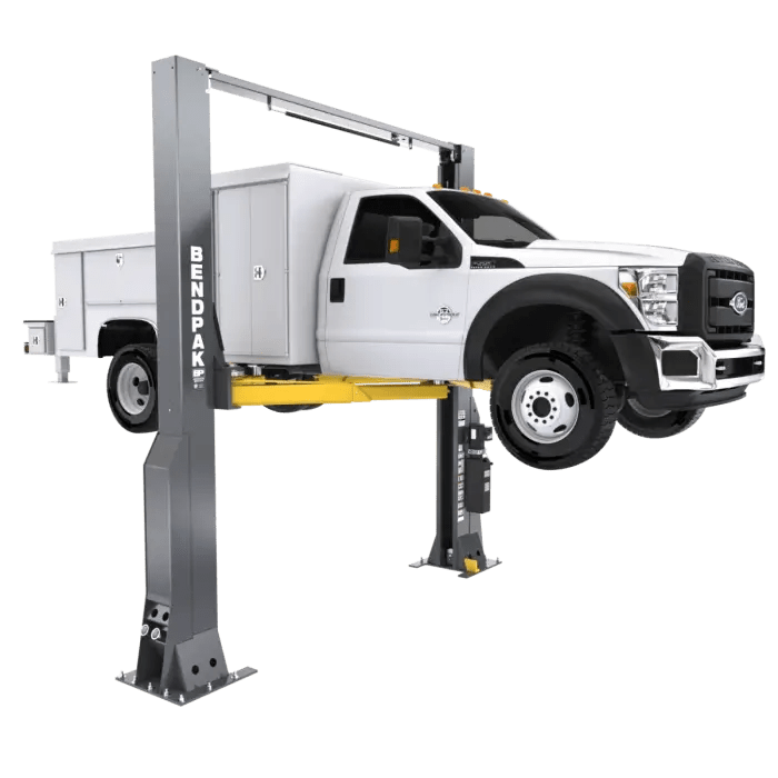 BendPak 16AP clearfloor two-post lift with commercial truck elevated in service position