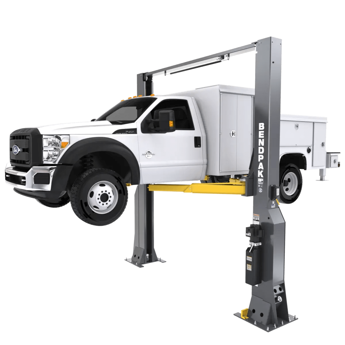BendPak 16AP two-post lift raising a white service truck, side angle showing heavy-duty construction, yellow lifting arms, and gray steel columns with BendPak logo.