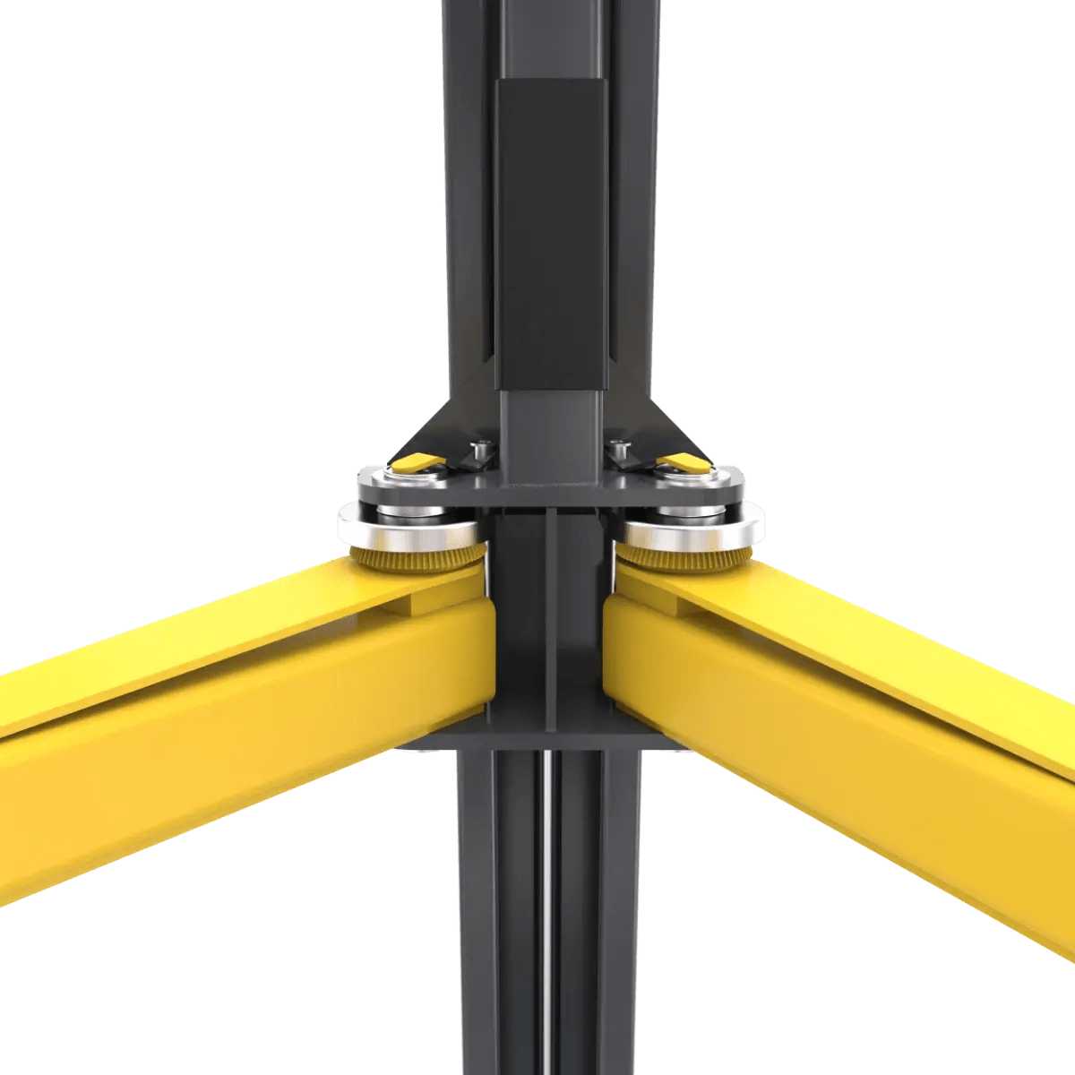 BendPak 20AP-192 two-post lift closeup of heavy-duty arm restraint system showing yellow lift arms, pivot joints, and mechanical locking components for secure operation.