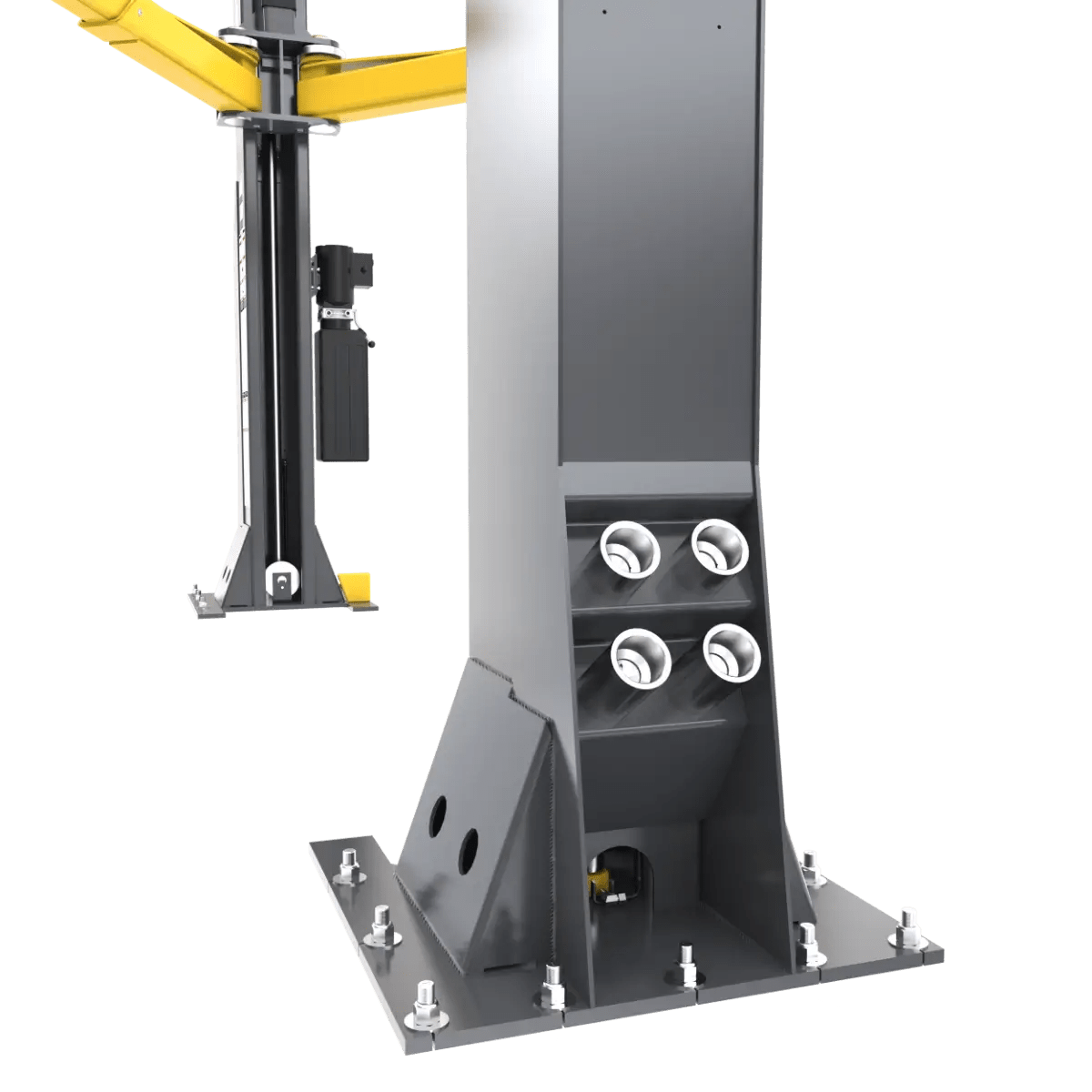 BendPak 20AP-192 two-post lift closeup of column base and adapter storage, showing anchor bolts, silver adapter mounts, and yellow lift arm support structure.