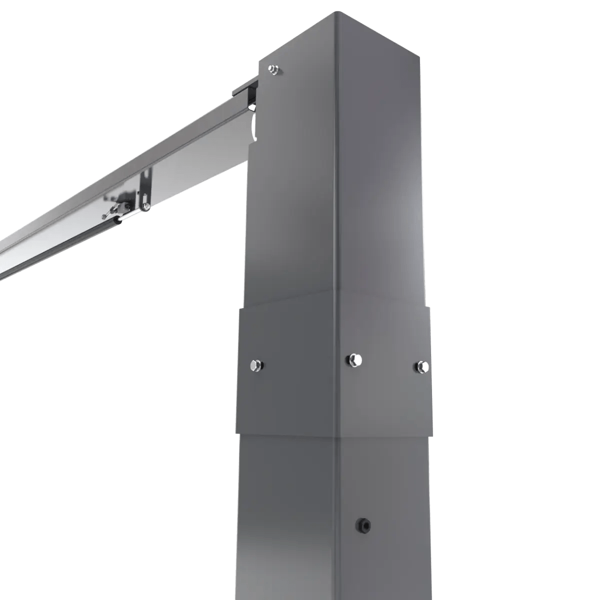 BendPak 20AP-192 two-post lift closeup of column extension assembly showing bolted joint, steel column sections, and upper beam connection for increased lifting height.