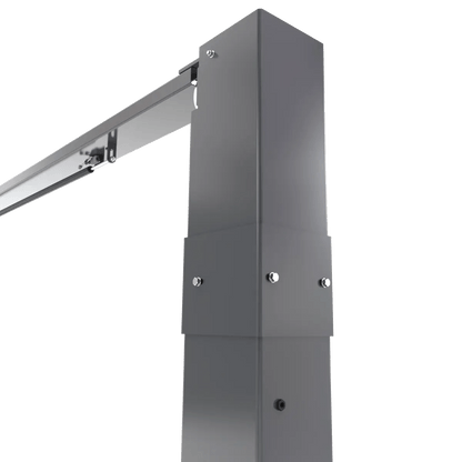 BendPak 20AP-192 two-post lift closeup of column extension assembly showing bolted joint, steel column sections, and upper beam connection for increased lifting height.