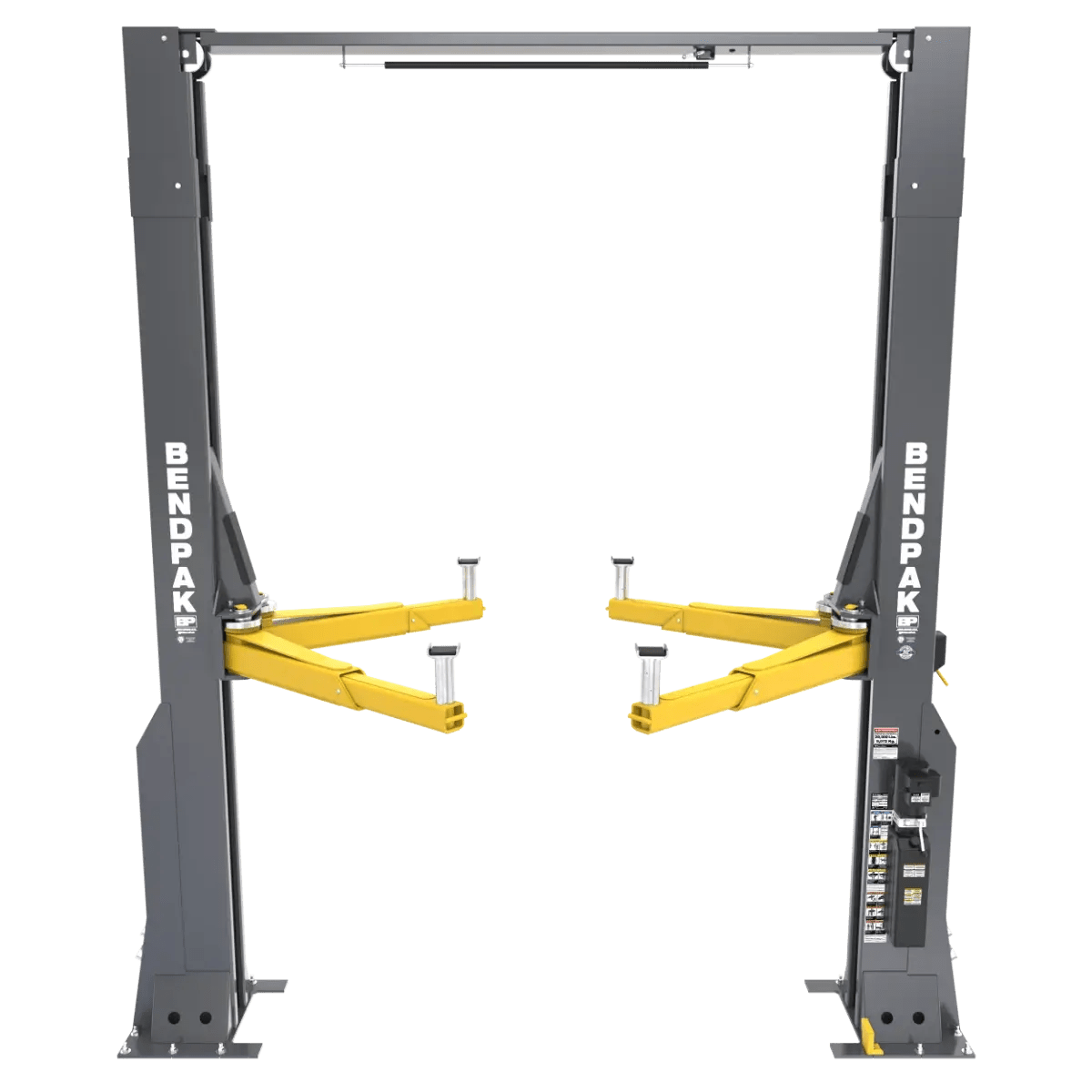BendPak 20AP-192 two-post lift, front view showing heavy-duty extended-height design with yellow telescoping lift arms, overhead beam, and BendPak-branded gray columns.