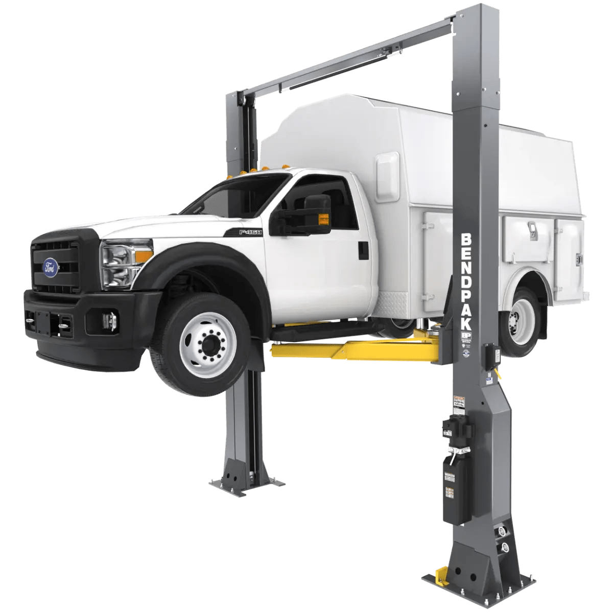 BendPak 20AP-192 two-post lift hoisting a white service truck, angled front-left view showing extended-height design, yellow lift arms, overhead beam, and steel columns with BendPak logo