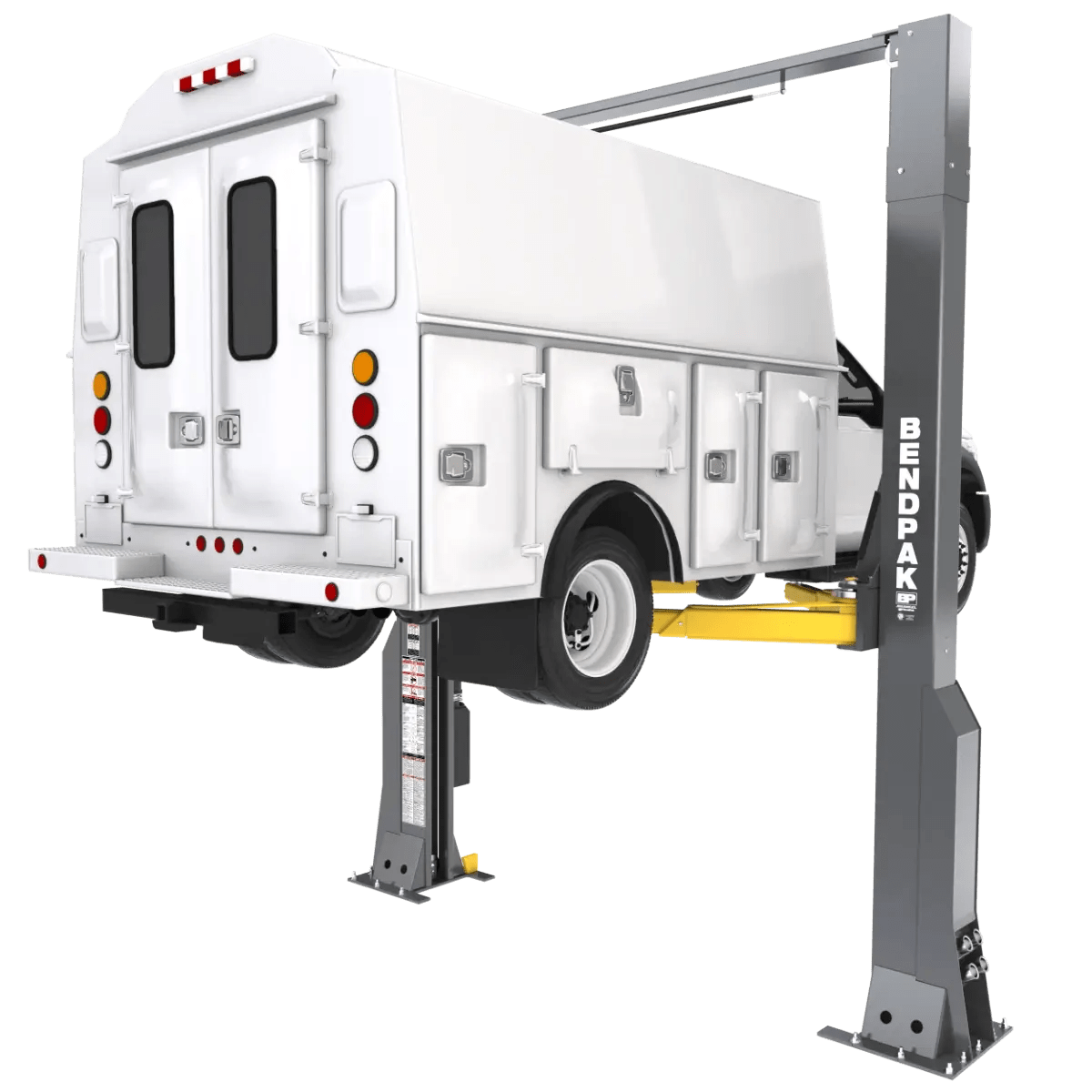 BendPak 20AP-192 two-post lift raising a white service truck, rear-left angle view showing extended-height clearfloor design, yellow lift arms, and gray steel columns with BendPak logo.