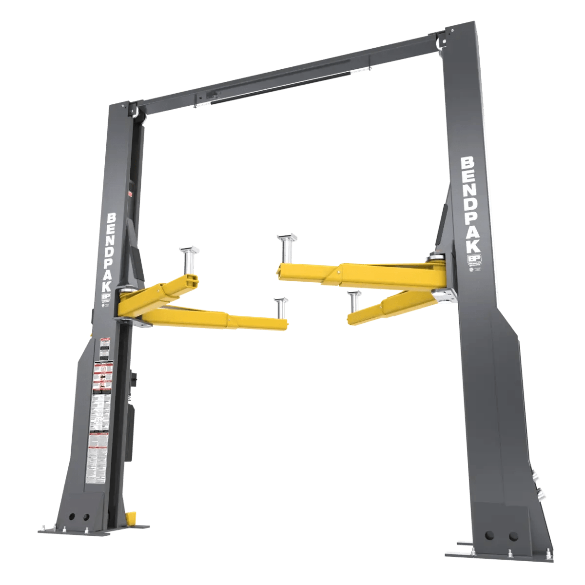 BendPak 20AP two-post lift shown in angled front-left view highlighting gray heavy-duty steel columns, yellow lifting arms, top crossbeam, and control panel decal.
