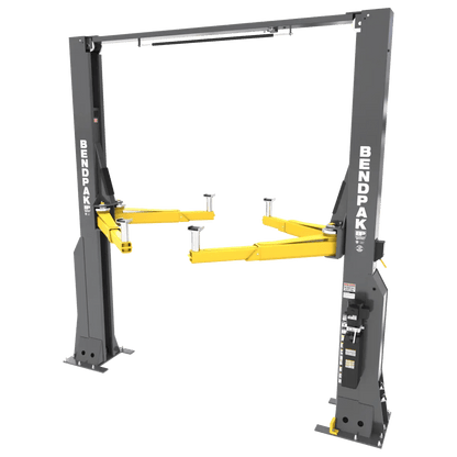 BendPak 20AP two-post lift, angled right-side view showing heavy-duty clearfloor design with yellow lift arms, gray columns, overhead beam, and BendPak branding.