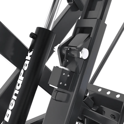 BendPak EVS3000 battery pack lift table closeup showing the hydraulic cylinder and mechanical safety lock system for secure load holding and operator protection.