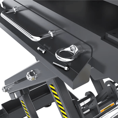 BendPak EVS3000 battery pack lift table detail showing built-in utility trays and tool holders for organizing fasteners, wrenches, and hardware during electric vehicle service.