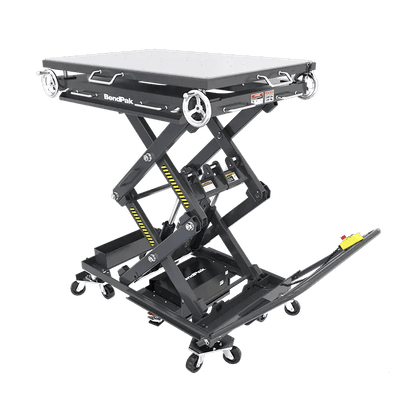 BendPak EVS3000 battery pack lift table shown in raised position with roller-top surface, scissor lift mechanism, and control handle for precise electric vehicle battery service.