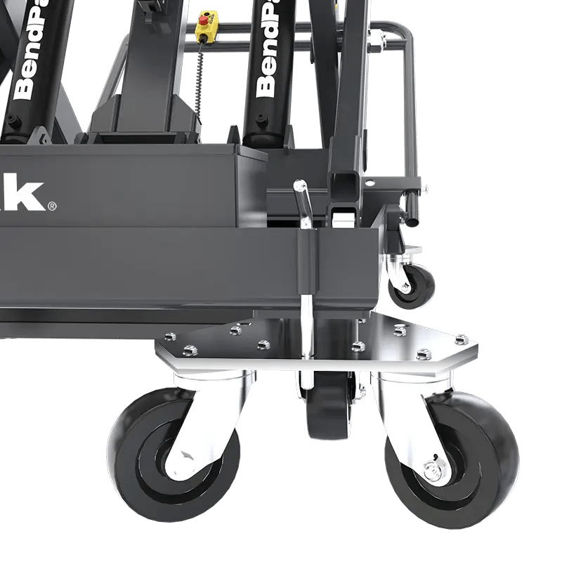 BendPak EVS4500 battery pack lift detailed view of heavy-duty swivel casters and leveling screws for smooth mobility and stable positioning during EV service.