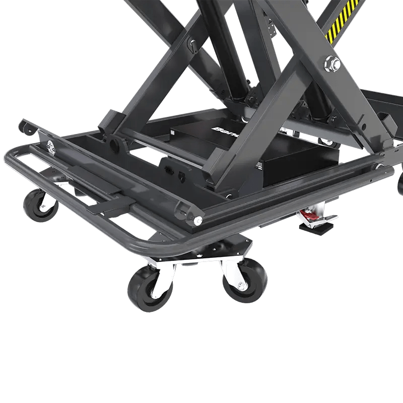 BendPak EVS4500 battery pack lift table closeup of stowed handle and base frame showing scissor linkage, casters, and steel construction for stable positioning.