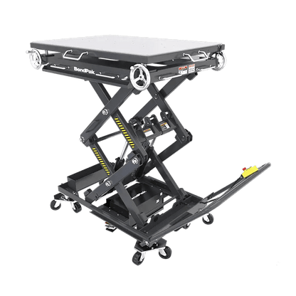 BendPak EVS4500 battery pack lift full view showing electric vehicle service scissor lift table with dual cylinders, screw jacks, and adjustable handle for workshop use.