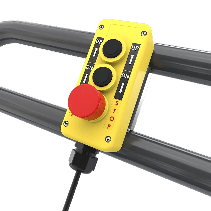 BendPak EVS4500 battery pack lift pendant control closeup showing yellow handheld unit with up and down buttons and large red emergency stop for precise lift operation.