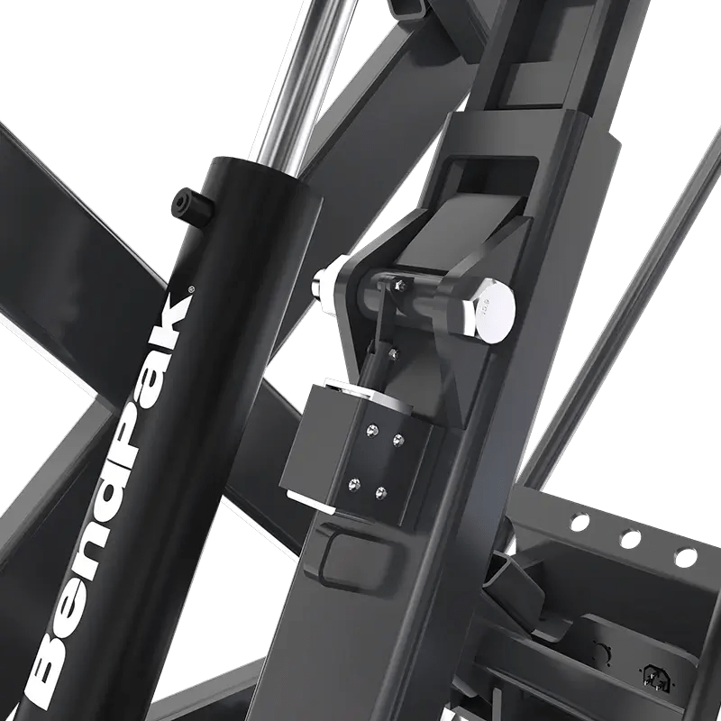 BendPak EVS4500 battery pack lift closeup showing mechanical safety lock mechanism and hydraulic cylinder assembly designed to secure the scissor lift during maintenance.