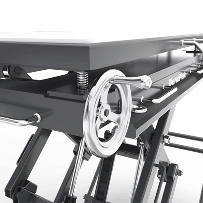 BendPak EVS4500 battery pack lift closeup showing precision screw jacks with handwheel controls for fine adjustment and secure leveling of EV battery modules.