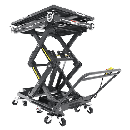 BendPak EVS4500 battery pack lift table shown raised in hero view with roller-top platform, steel scissor linkage, swivel casters, and push handle for EV service.