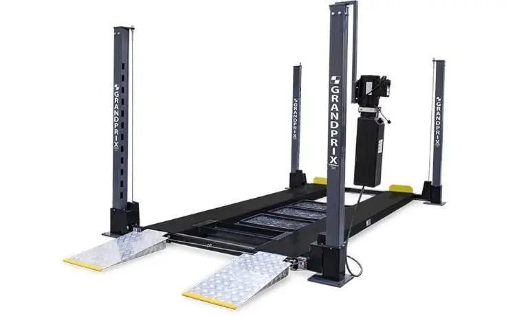 BendPak GP-9F four-post lift shown in home garage setup with drive-on ramps, runways, and power unit, designed for car storage or maintenance use.