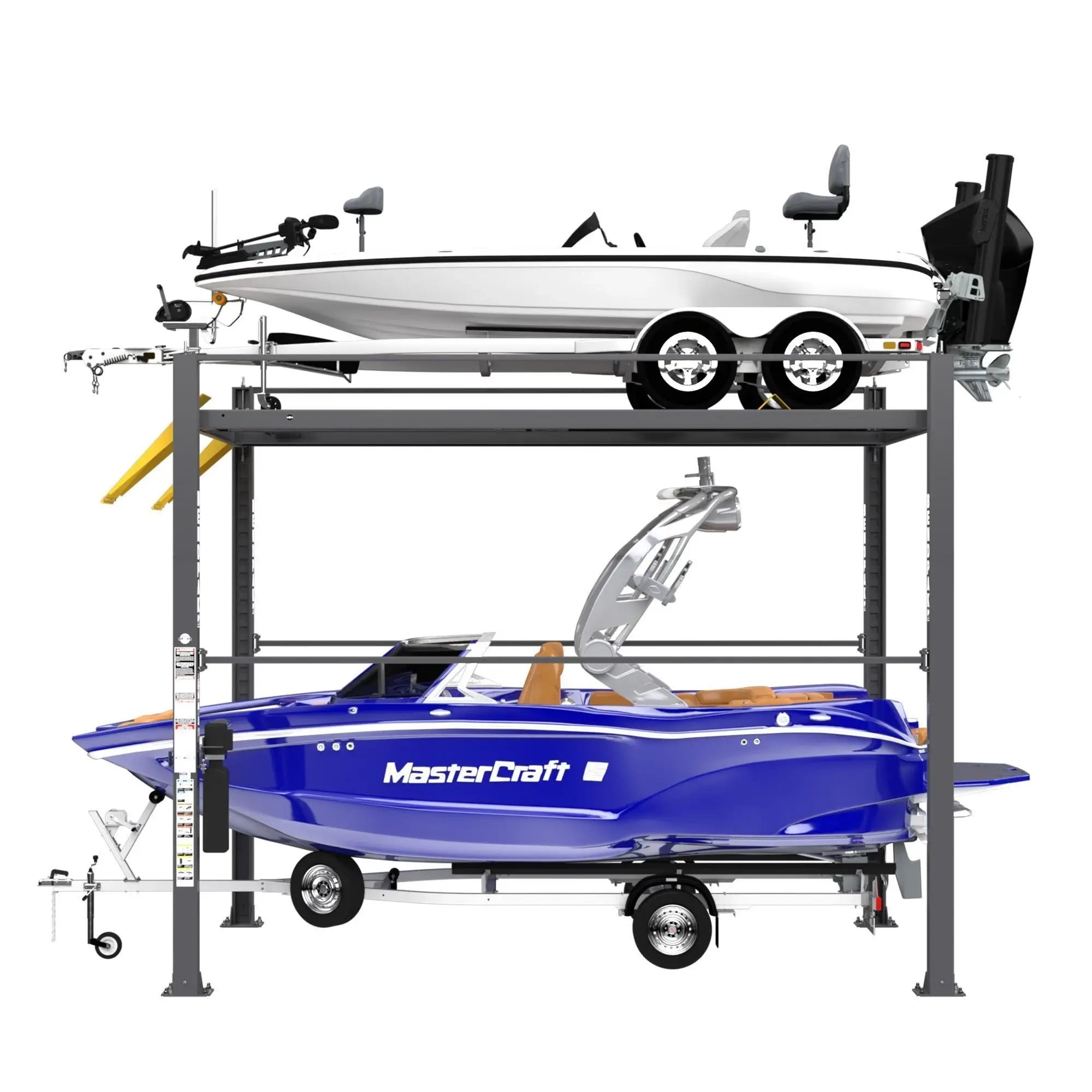 Side view of BendPak HD-7500PBX high-rise four-post boat storage lift with 7,500-lb capacity, featuring a white fishing boat on the upper level and a blue MasterCraft boat on the lower trailer, with tall steel columns, yellow ramps, and a white background.