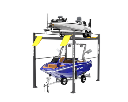 BendPak HD-7500PBX high-rise four-post boat storage lift with yellow ramps, lifting a white fishing boat on the upper platform and a blue speedboat on the lower level, designed for dual boat and trailer storage with heavy-duty steel construction and tall columns on a transparent background.