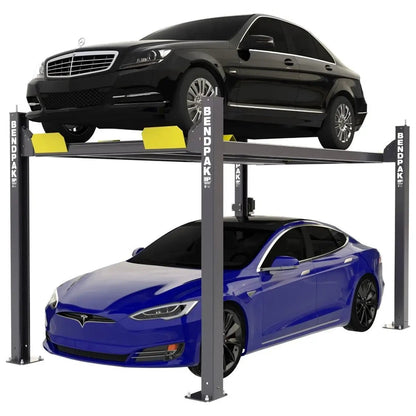 BendPak HD-7P four-post car lift shown in use with two cars stacked, demonstrating its 7000 lb capacity and narrow high-rise design for space-efficient vehicle storage.