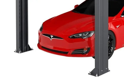 Close-up view of BendPak HD-973P commercial tri-level parking lift showing a red sedan positioned beneath sturdy gray steel columns with bolted base plates, highlighting the lift’s structural design and vehicle clearance on a white background.