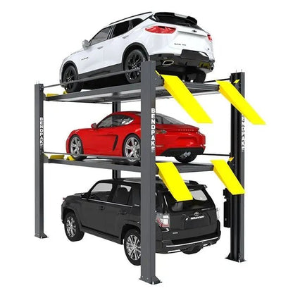 Angled rear view of BendPak HD-973PX tri-level four-post parking lift with three cars — white SUV on top, red sports car in middle, and black SUV below — featuring gray steel columns and bright yellow safety ramps on a white background.