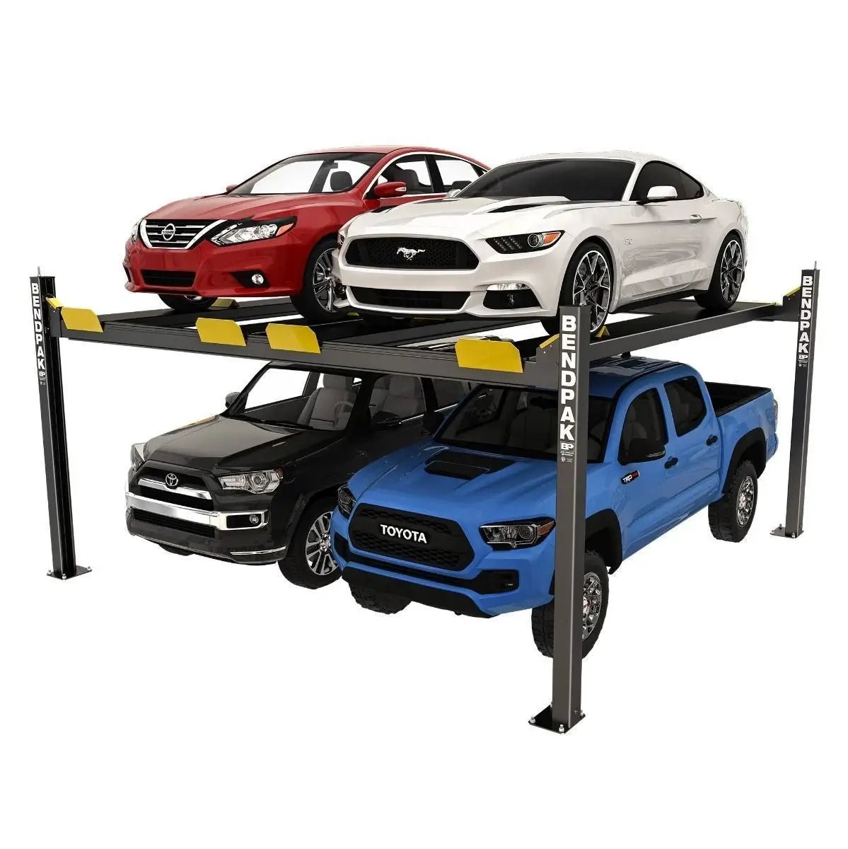 BendPak HD-9SWX four-post lift studio hero view showing super-wide dual-platform design with four columns, yellow wheel stops, and capacity for multiple vehicles.