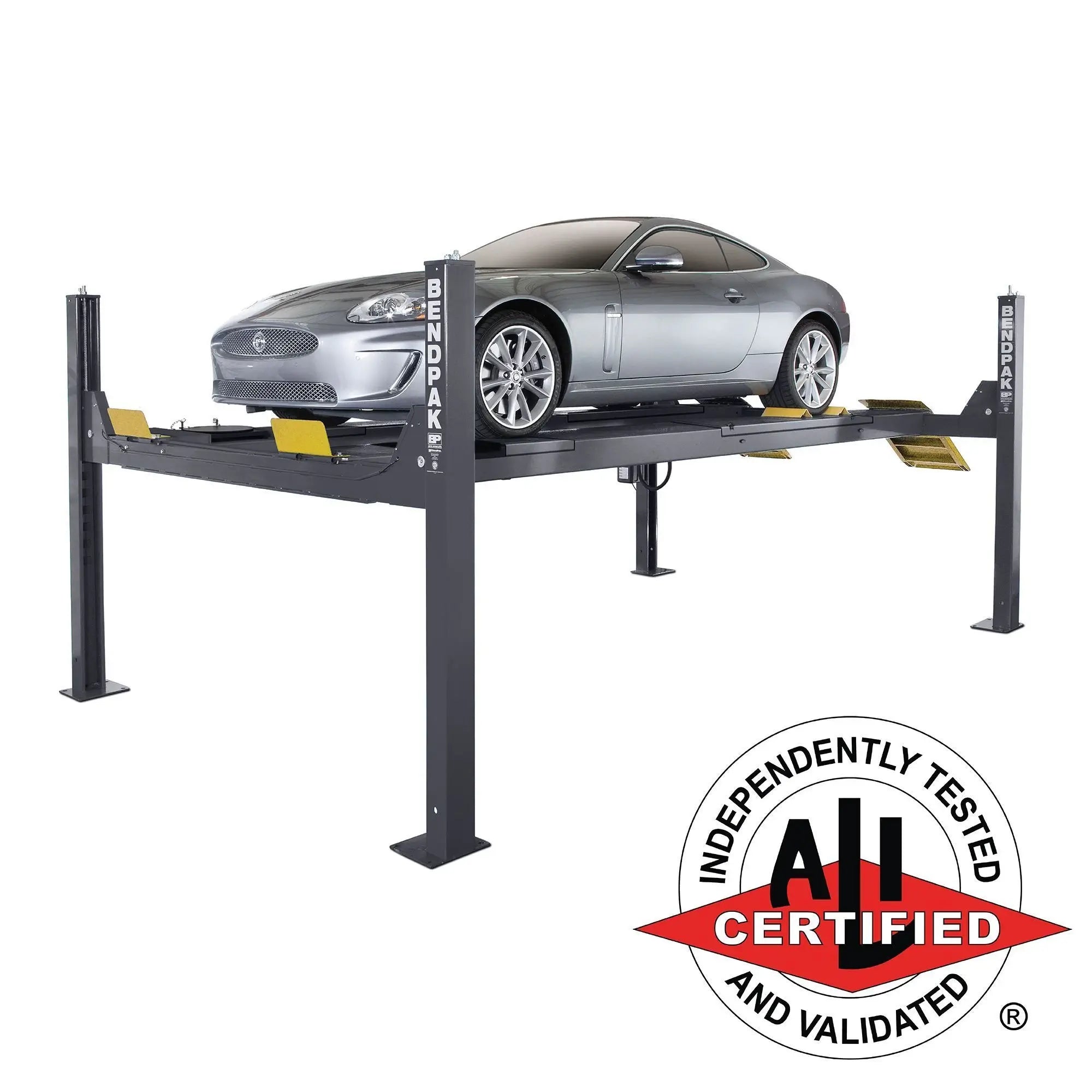 BendPak HDS-14LSX extended four-post alignment lift with 14000 lb capacity and ALI certification, angled front view with raised platforms.