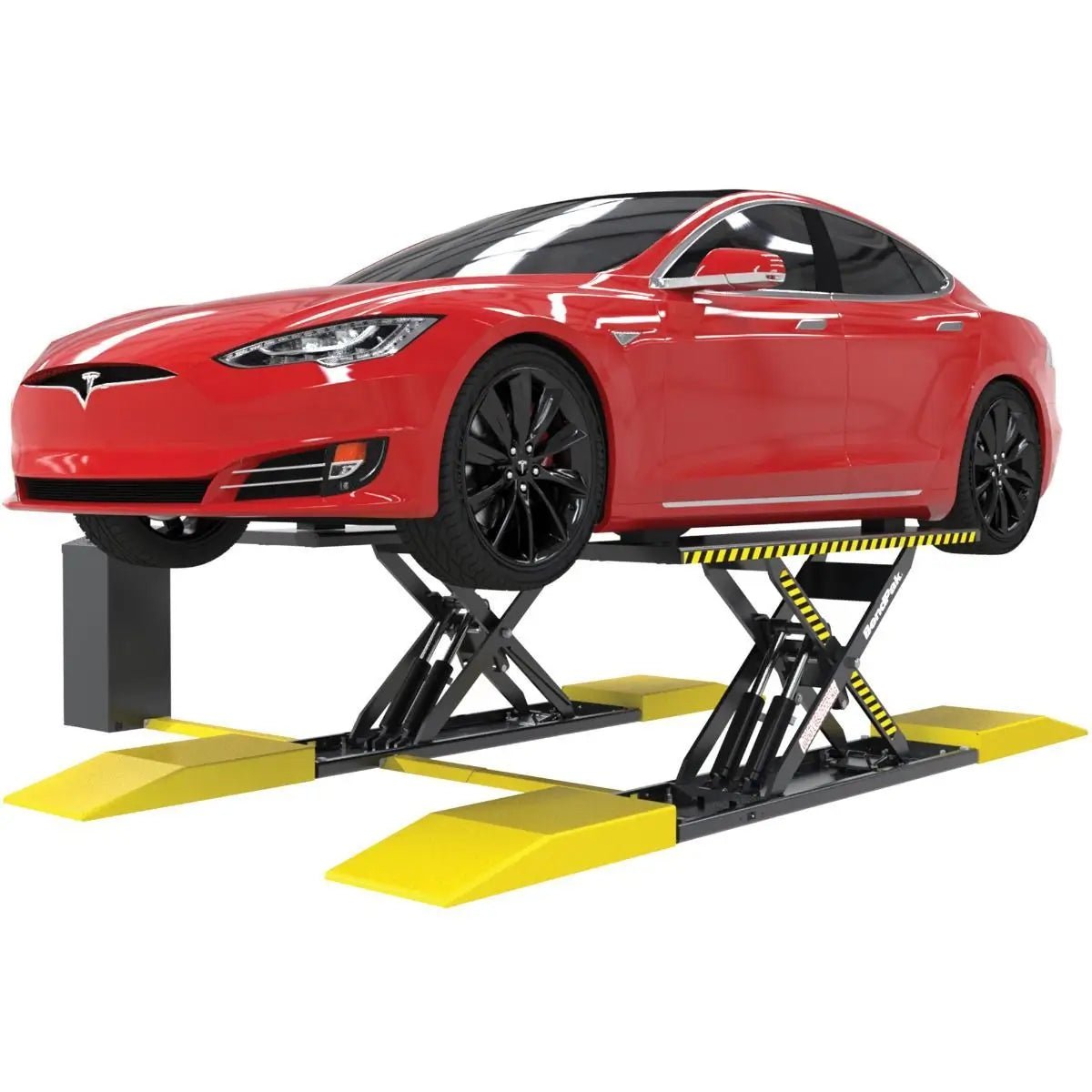 BendPak MDS-6EXT 6,000-lb mid-rise extended scissor lift lifting a red Tesla Model S, angled front view highlighting dual platforms and hydraulic system.