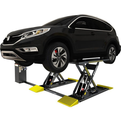 BendPak MDS-6LP mid-rise scissor lift raising a black SUV; hero angle shows low-profile platforms, yellow approach ramps, and a remote power unit beside the lift.
