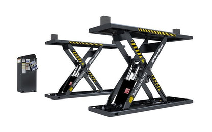 BendPak MDS-6LPF 6,000-lb mid-rise portable scissor lift without vehicle; side view highlights flat platforms, scissor structure, and low-profile frame design.