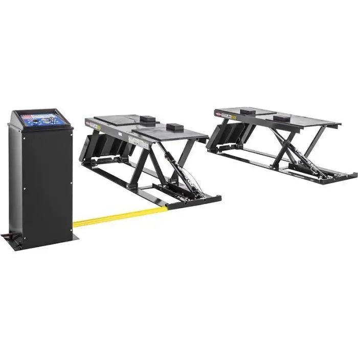 BendPak P-9000LTF low-rise scissor lift with control console; compact dual-platform design linked by yellow safety cable for lifting light-duty vehicles.