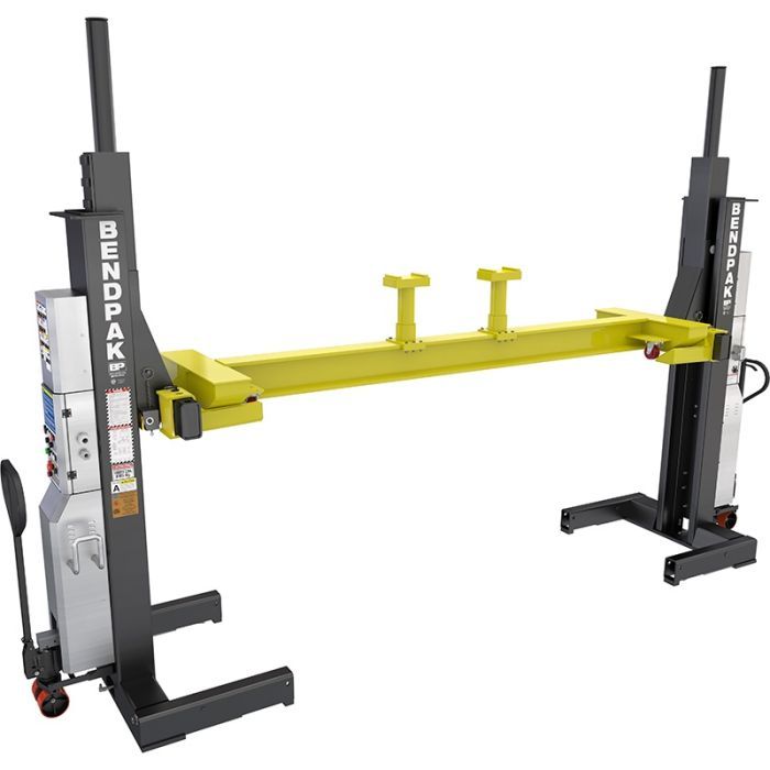 BendPak PCL-18B mobile column lift cross beam attachment; yellow adjustable beam linking two lifting columns for balanced support of heavy vehicles.